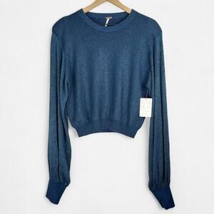 Free people nwt navy shimmer cropped billow sleeve sweater